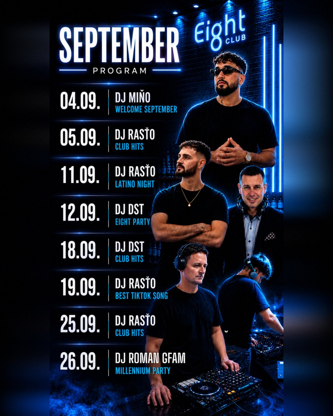 Plagát s programom na september v Eight Clube